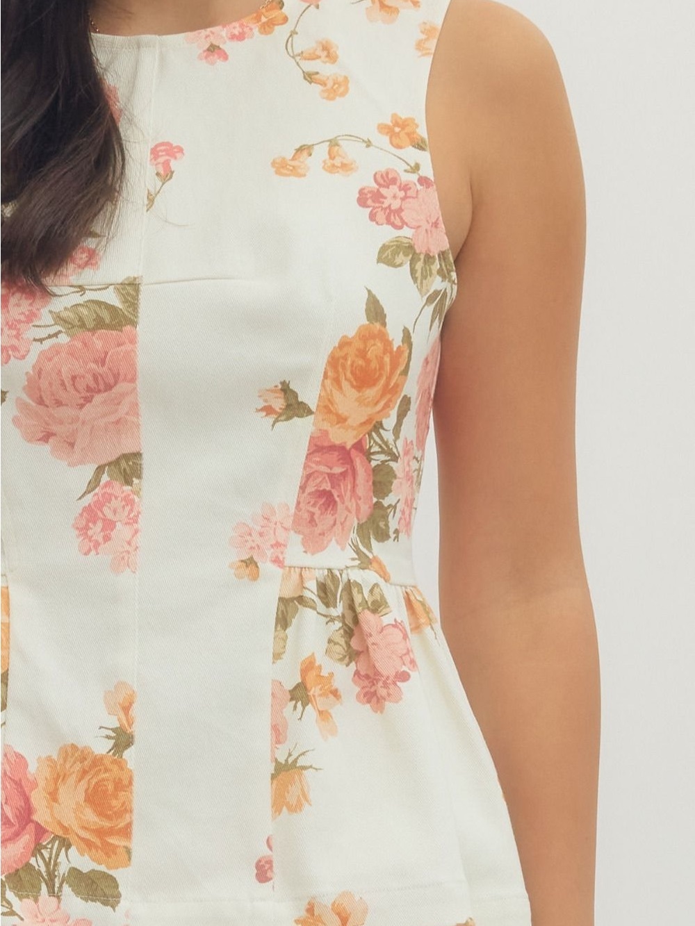 NWT Sleeveless Denim Floral Peplum Top - Pink & Peach Roses Size Medium - Picture 3 of 5